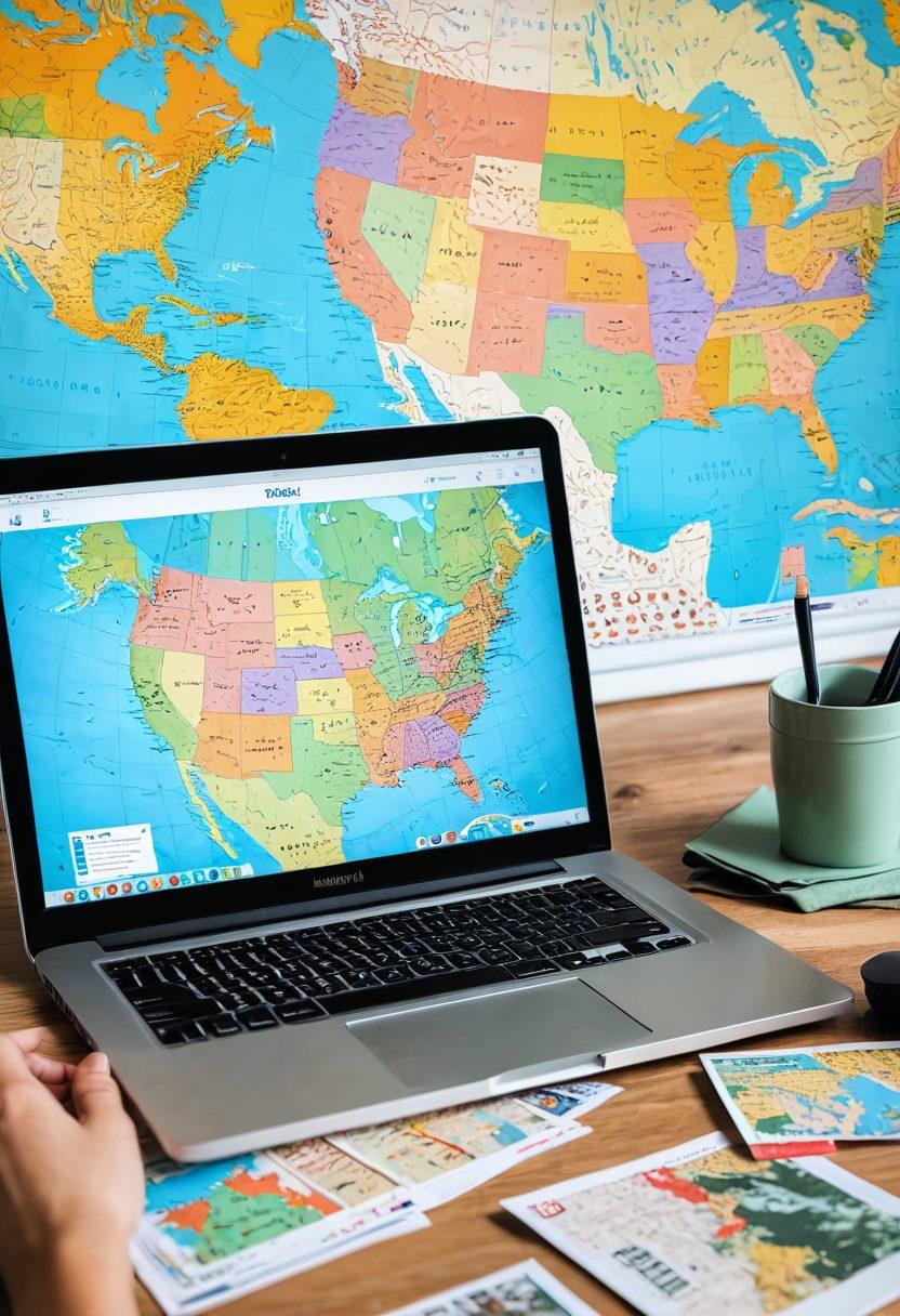 A traveler sitting at a cozy desk with a laptop, surrounded by postcards and maps of US destinations, bright screen displays hotel booking websites, wallet with dollar bills, and a smartphone with travel apps open. Background showing the US map. super-realistic. vibrant colors. white background.