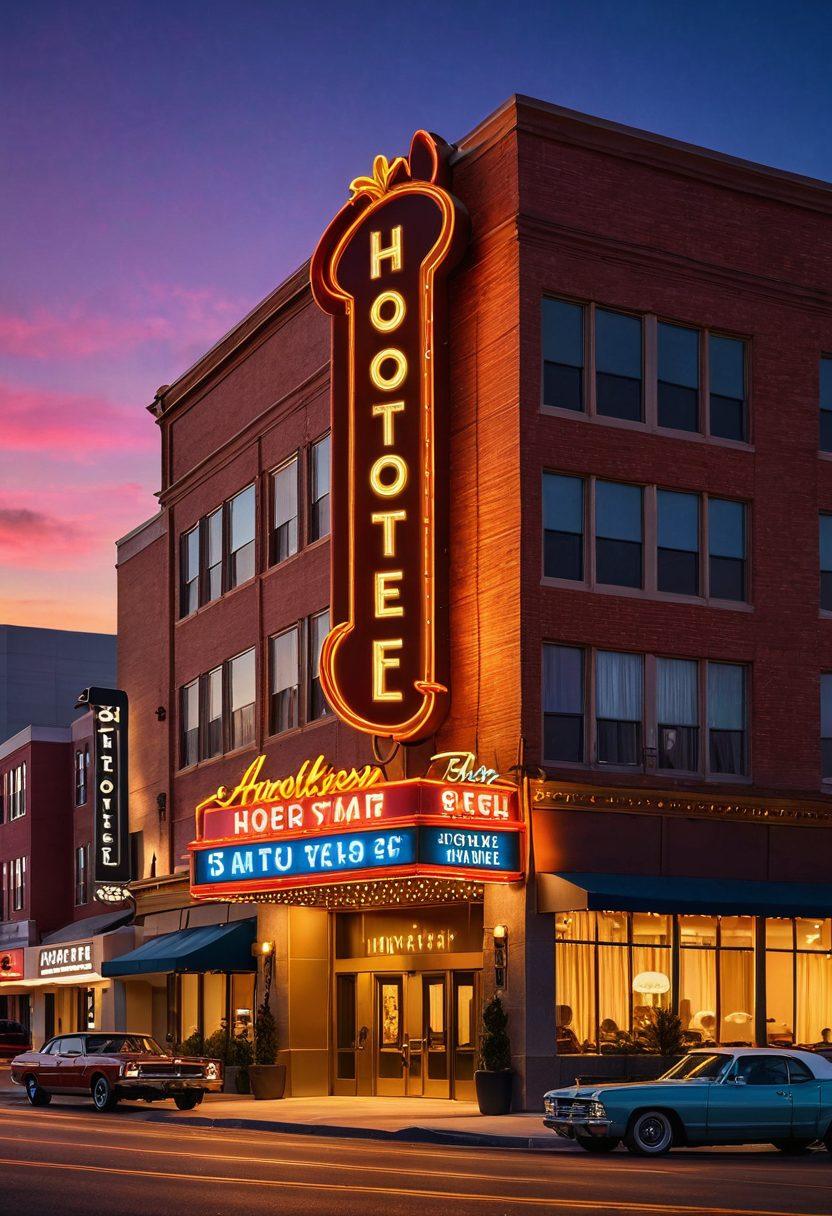 A diverse lineup of accommodations including a luxurious five-star hotel with golden exteriors, a cozy and trendy boutique hotel, a comforting mid-range hotel with a homey lobby, and a budget-friendly motel with a classic retro neon sign, all arranged in a picturesque American cityscape. vibrant colors. super-realistic.